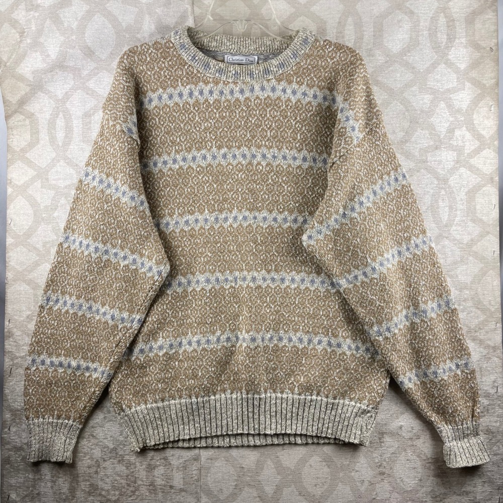 Vintage Christian Dior Monsieur Men L Tan Fair Isle Crewneck Sweater Cotton USA